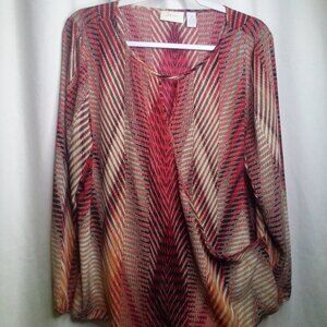 Chico's Blouse 2 L Long Sleeve Wrap Front Pattern Red Black